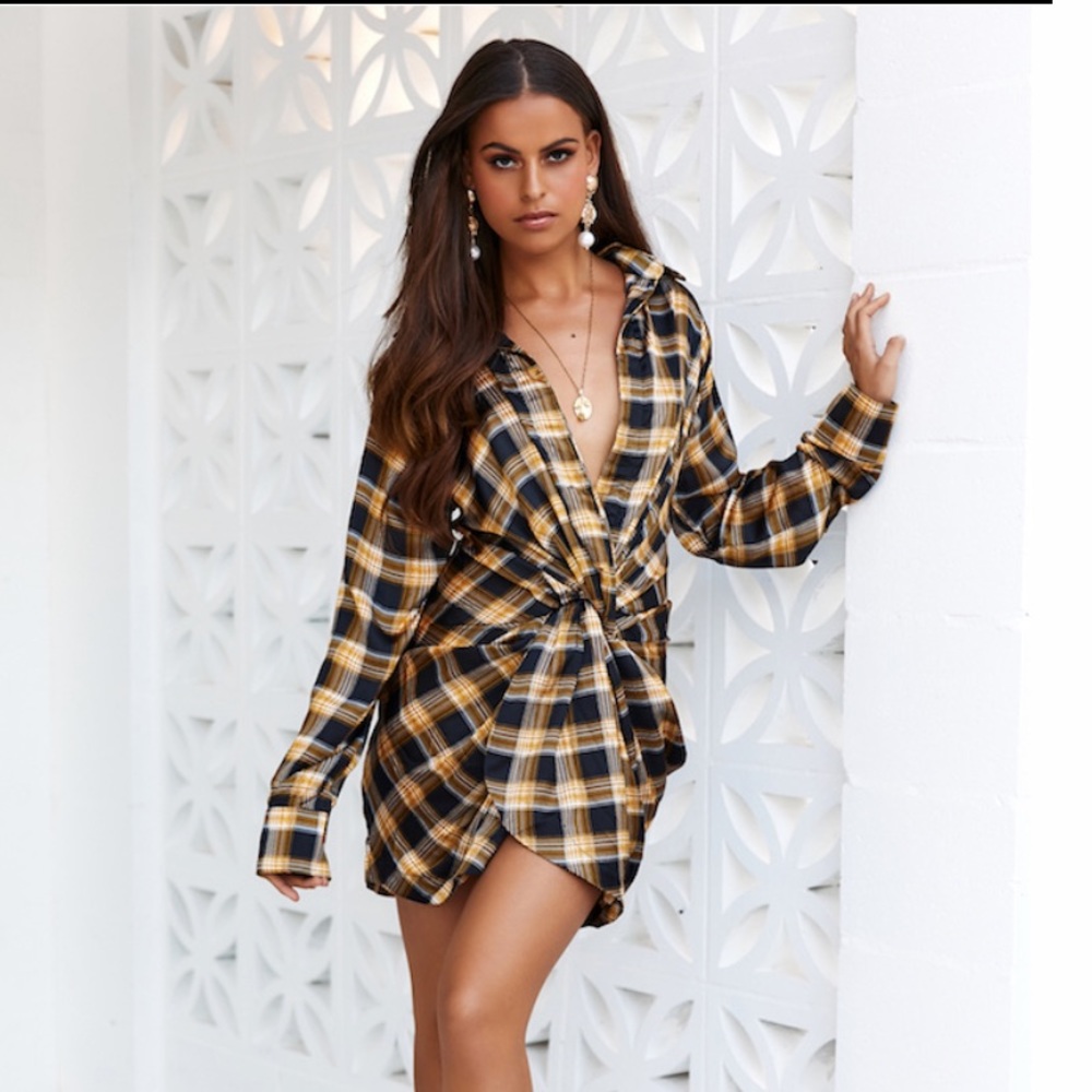 LIONESS HEY YOU SHIRT DRESS YELLOW CHECK(SOLD)
